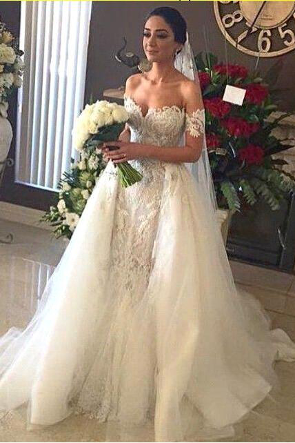 Lace Appliques A-line Wedding Dresses | White Strapless Cathedral Bridal Gowns