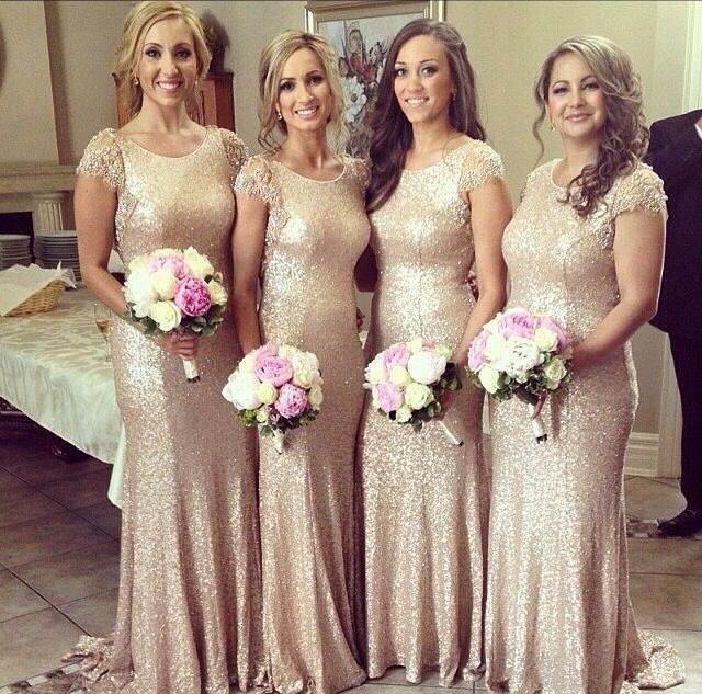 Sequined Crystal Short Sleeve Bridesmaid Dress Sexy Sweep Train Wedding Party Dresses