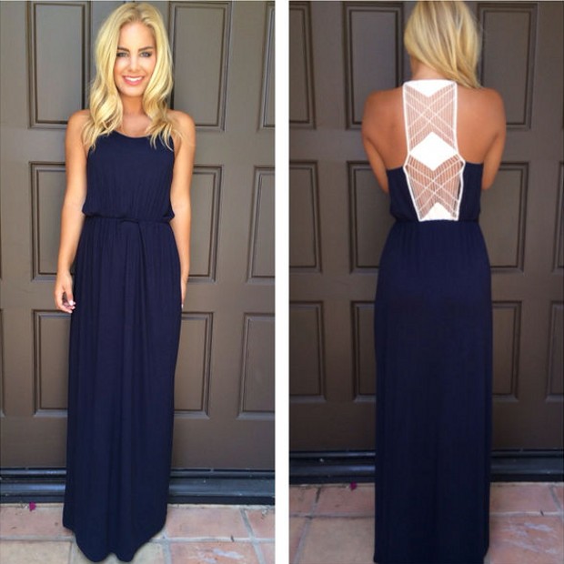 Summer Beach Navy Evening Dress Chiffon Floor Length Prom Dress Cheap