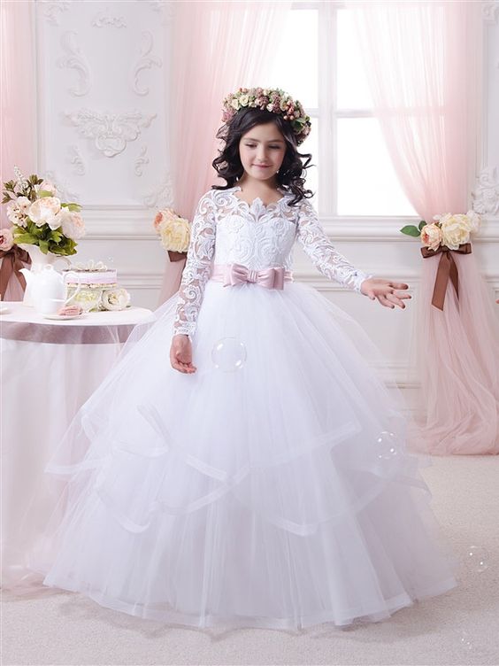 New Arrival Ball Gown Lace-Appliques Long-Sleeves Flower-Girl-Dresses