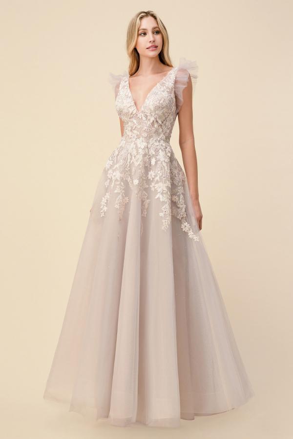 Attractive V-neck Tulle Lace Appliques Formal Dress A-Line Ruffles Prom Dress