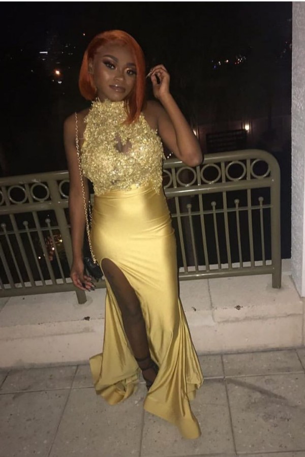 High Neck Sleeveless Appliques Fitted Prom Dresses with Side Slit