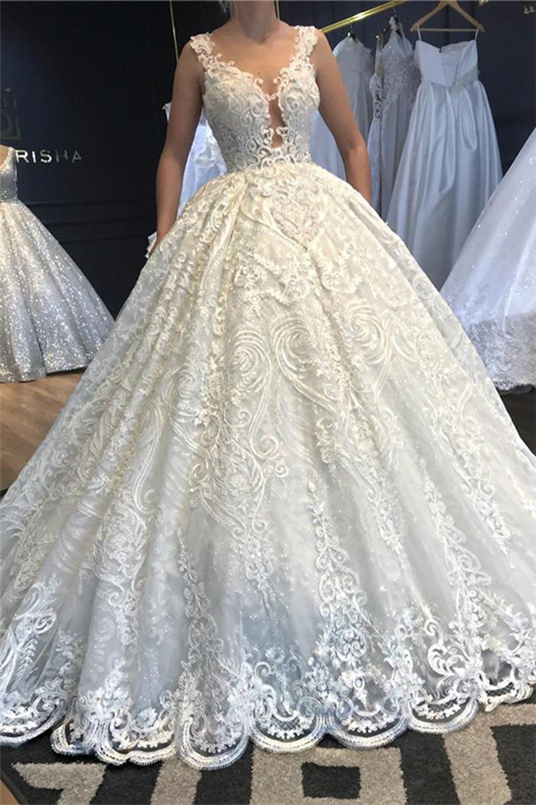 Attractive Straps Jewel Lace Ball Gown Floor Length Wedding Dress