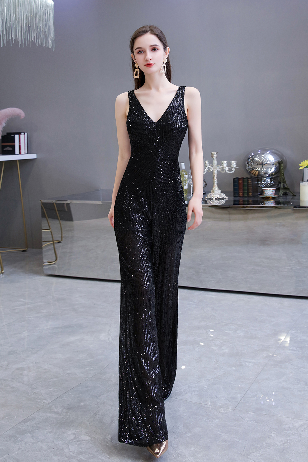 Women's Fashion V-neck Straps Sparkly Sequin Prom Jumpsuit