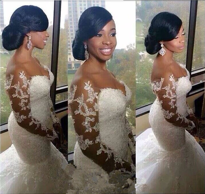 Lace Long Sleeves Fit and Flare Wedding Dresses Beaded Illusion Court Train Sexy Bridal Gowns
