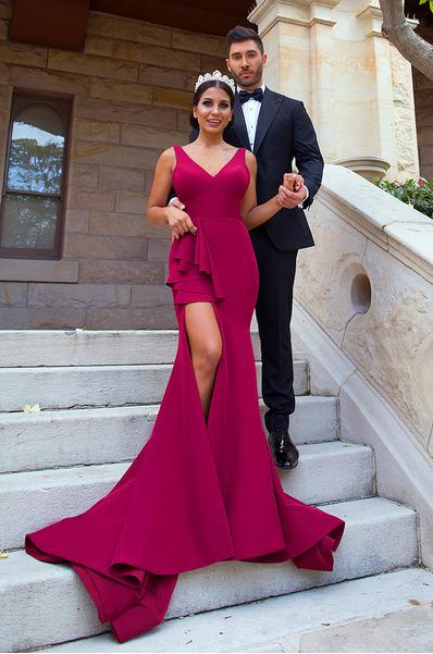 Sexy Mermaid Straps Burgundy Bridesmaid Dresses Split Backless Court Train