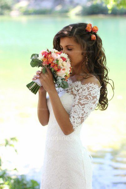 Scalloped-Edge Lace Wedding Dresses Mermaid Half-Sleeve Lace Up Bridal Gowns