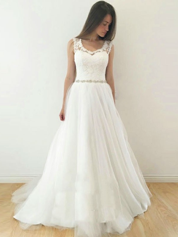 Simple Lace A-Line Wedding Dresses | Scoop Sleeveless Beaded Illusion Back Tulle Bridal Gowns