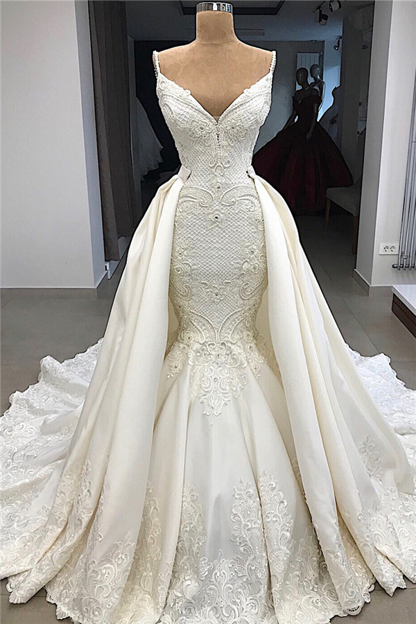 Spaghetti Straps V-neck Modern Mermaid 2 in 1 Convertible Wedding Dresses