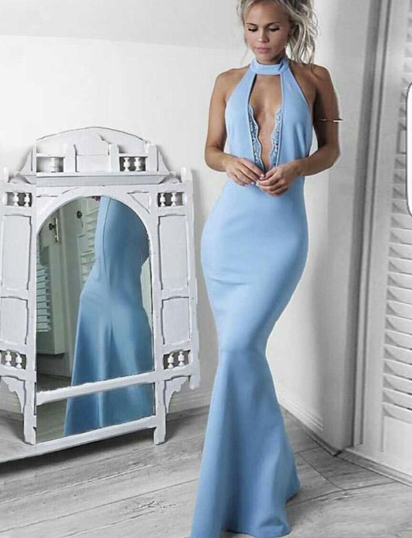 Jewel Sleeveless Deep Keyhole Fitted Baby Blue Prom Dresses