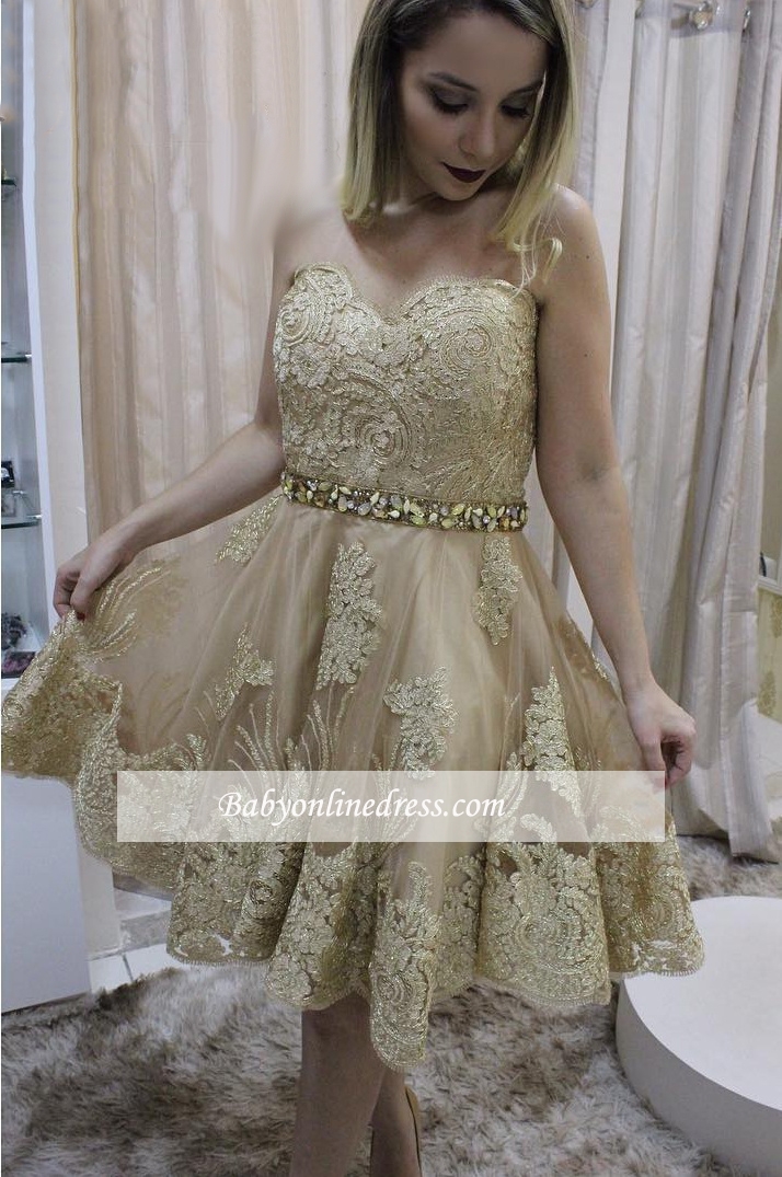 Short Sleeveless Sweetheart Lace Cute Crystals Homecoming Dress