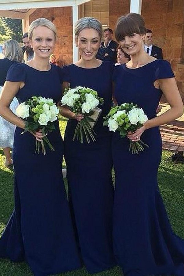 Sweep-Train Elegant Dark-Navy Mermaid Short-Sleeve Jewel Bridesmaid Dress