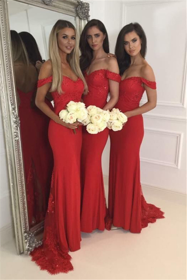 Red off-the-Shoulder Bridesmaid Dresses Zipper Back Long Lace Party Gowns