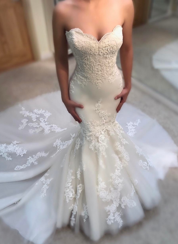 Elegant Summer Mermaid Wedding Dresses | Sweetheart Neck Appliques Sleeveless Bridal Gowns
