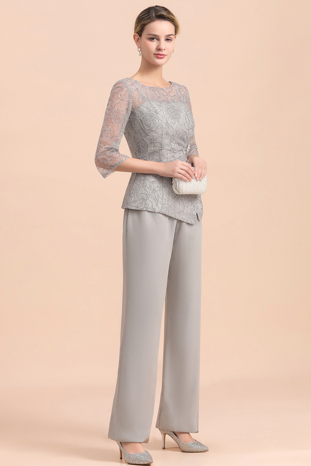 Gorgeous Grey Round Neck Half Sleeves Lace Mother of Bride Jumpsuits