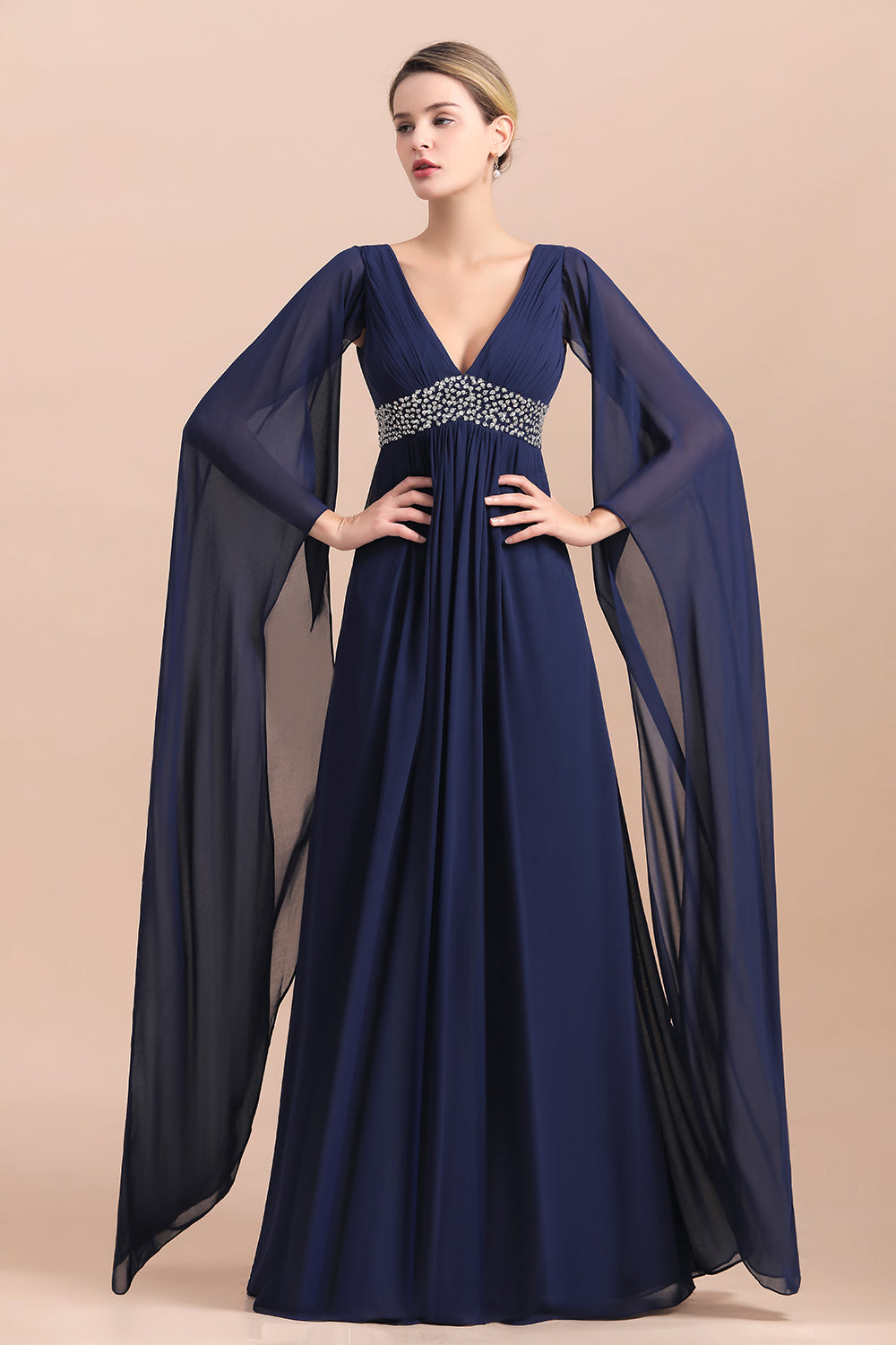 Dark Navy Deep V-neck A-line Mother of the Bride Dress with Belt-Babyonlinedress