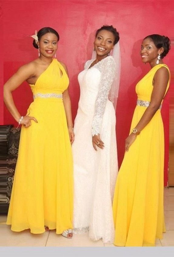 A-line One-Shoulder Beads Modern Chiffon Yellow Bridesmaid Dress