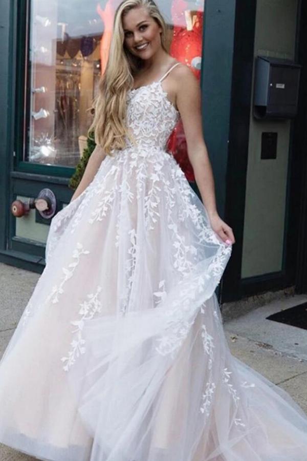 Romantic Spaghetti Straps Floral Lace Tulle A-Line Backless Prom Dress