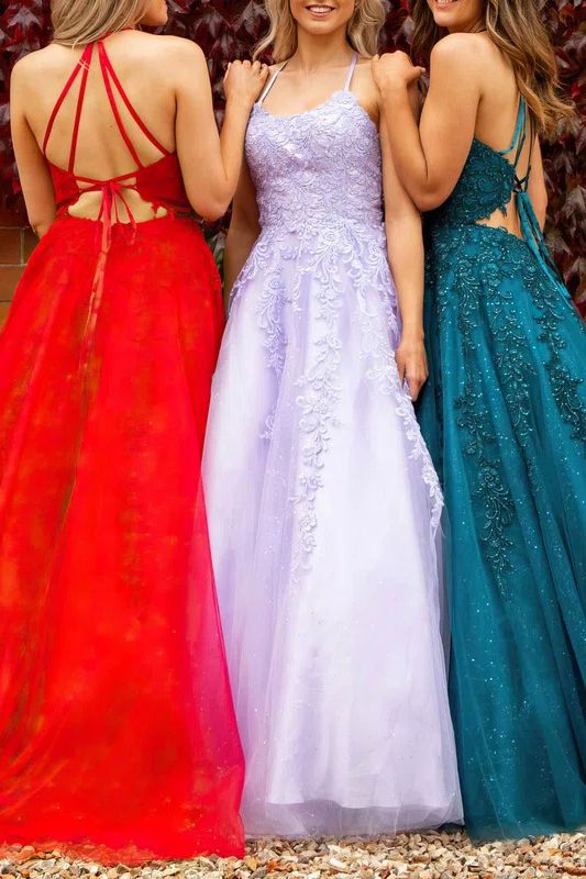 A-Line Spaghetti Straps Party Dress Appliques Lace Tulle Floor-length Prom Dress