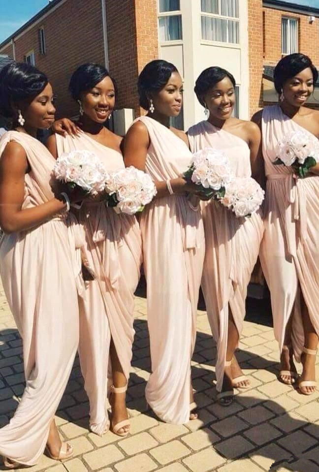 Elegant Long A-line One-Shoulder Sleeveless Front-Split Bridesmaid Dress