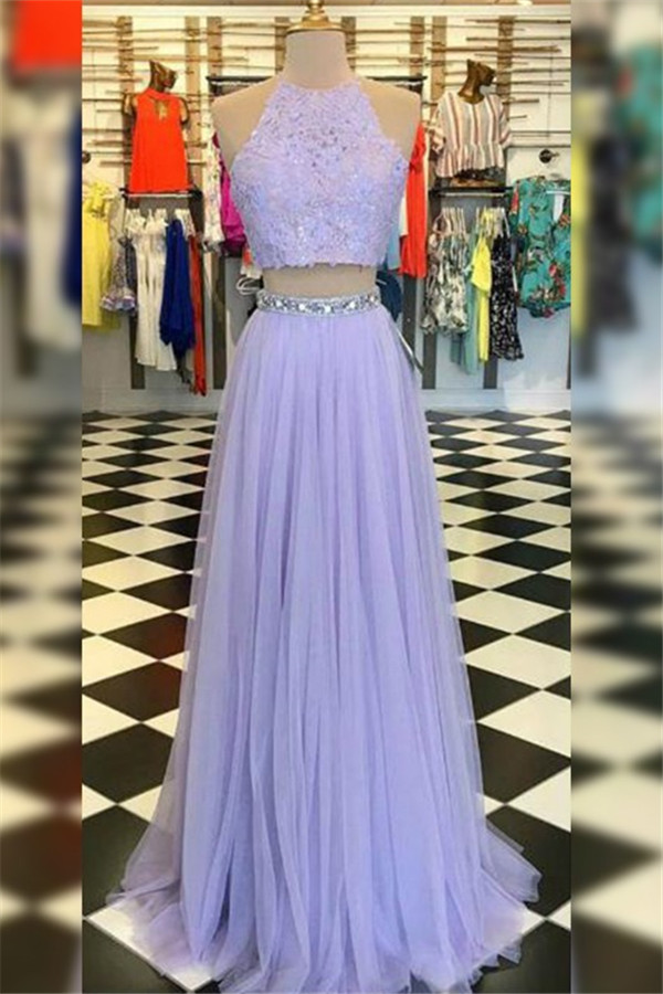 Chic High Neck Crystal Applique Prom Dresses Tulle Two Piece Sleeveless Sexy Evening Dresses