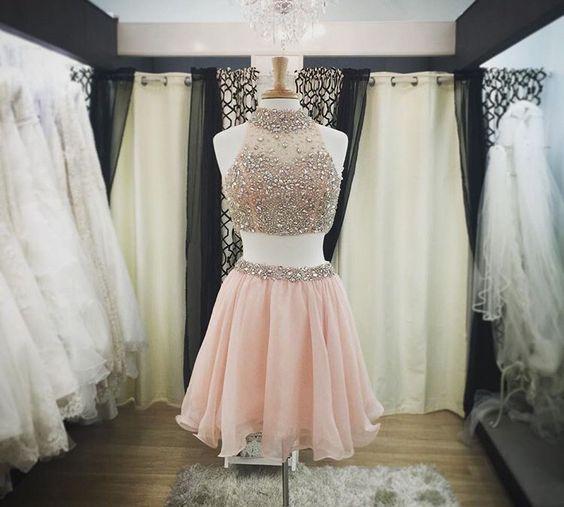Halter-Neck Two-Piece Pink Blush Crystals Luxury Short Homecoming Dresses