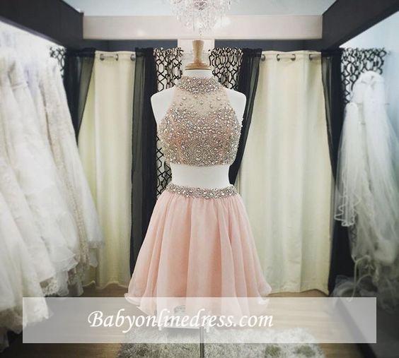 Halter-Neck Two-Piece Pink Blush Crystals Luxury Short Homecoming Dresses