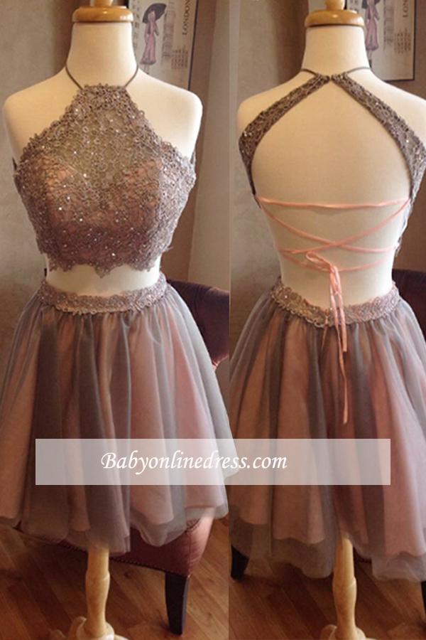 Two Piece Spaghettis Straps Lace Halter Neck Homecoming Dresses