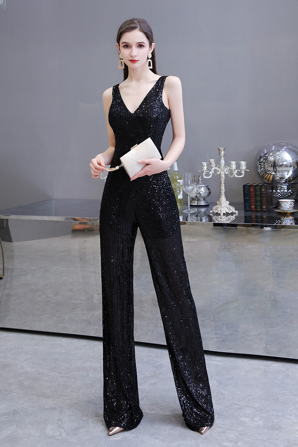 Women's Fashion V-neck Straps Sparkly Sequin Prom Jumpsuit