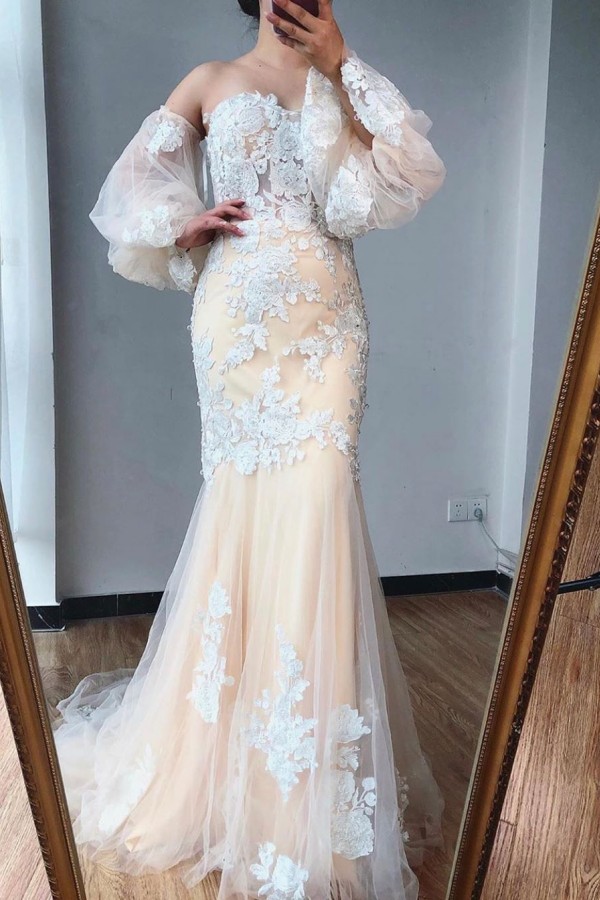 Romantic Sweetheart Appliques Lace Tulle Mermaid Prom Dress With Puffy Sleeves