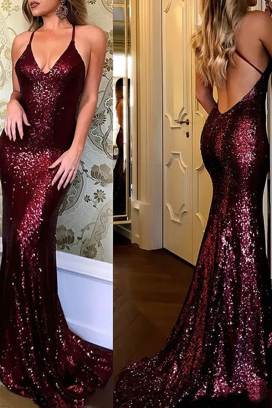 Sparkly Sequins Spaghetti Straps V-neck Backless Mermaid Prom Dress