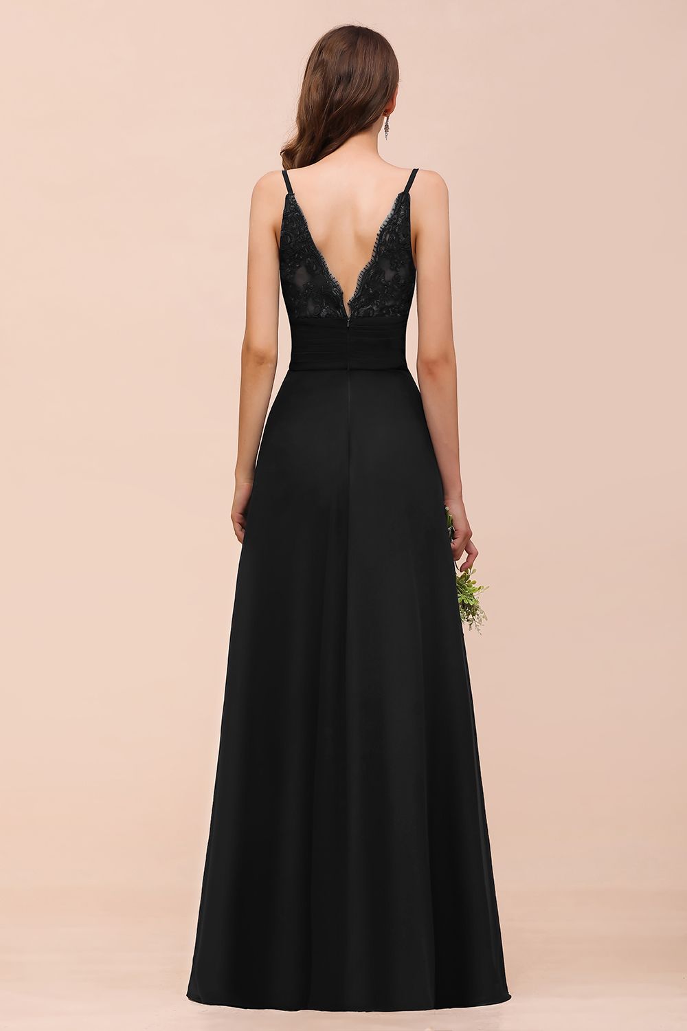 Deep V Neck Spaghetti Straps Slit Long Black Bridesmaid Dress-Babyonlinedress