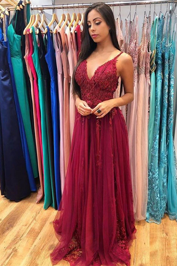 Spaghetti Straps V-neck Tulle Lace Prom Dresses | Burgundy Long Evening Dresses