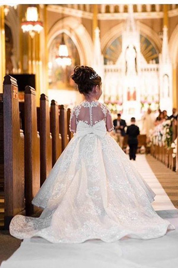 Lovely Bateau Long Sleeve Full Length Appliques Lace Ball Gown Flower Girl Dress