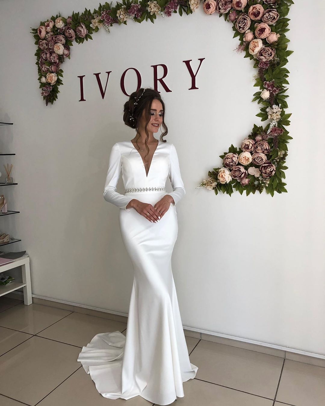 Graceful Deep V Neck Long Sleeve Open Back Crystal Fit And Flare Mermaid Wedding Dresses With Sash