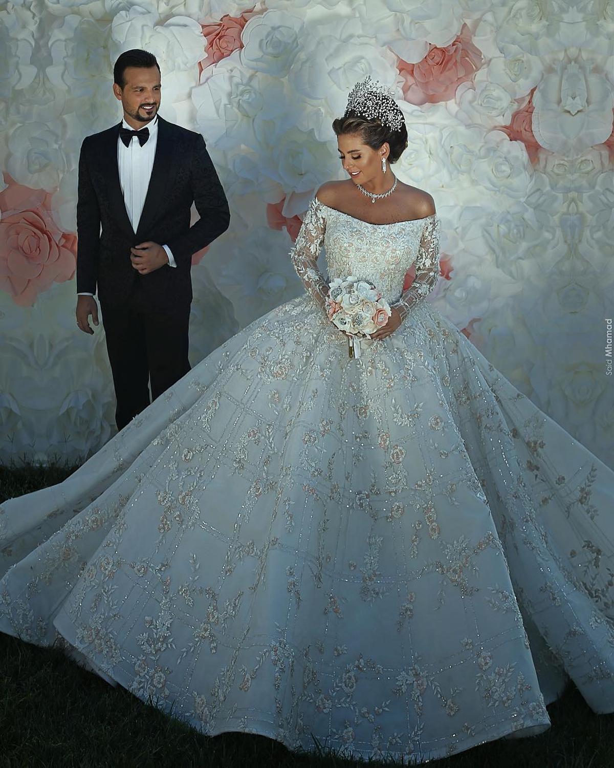 Gorgeous Off The Shoulder Long Sleeve Sequin Applique Ball Gown Wedding Dress | Crystal Puffy Wedding Gown