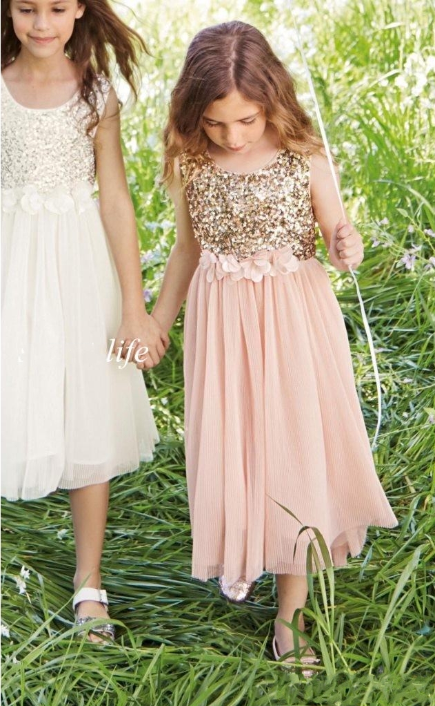 Pink Flower Girl's Dresses Sequins with Handmade Flowers Girl's Formal Dress