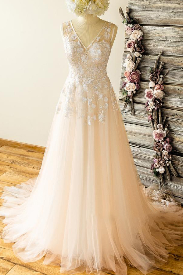 V-neck Sleeveless Appliques Tulle A-line Unique Wedding Dresses