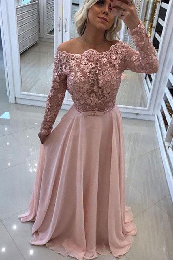 Sexy Off-The-Shoulder Prom Dresses | Chiffon Sparkling Pink Evening Gown