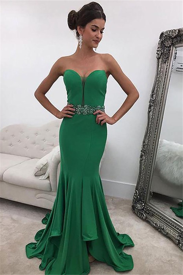 Green Sweetheart Crystal Prom Dresses Ruffles Mermaid Sleeveless Sexy Evening Dresses