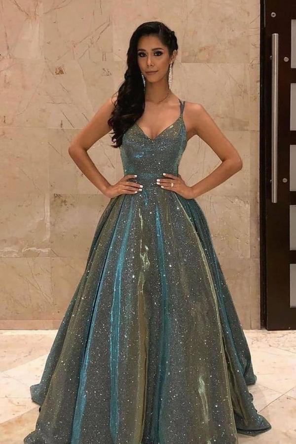 Sparkly Sequins Spaghetti Straps V-neck A-line Floor-length Party Dress With Ruffles