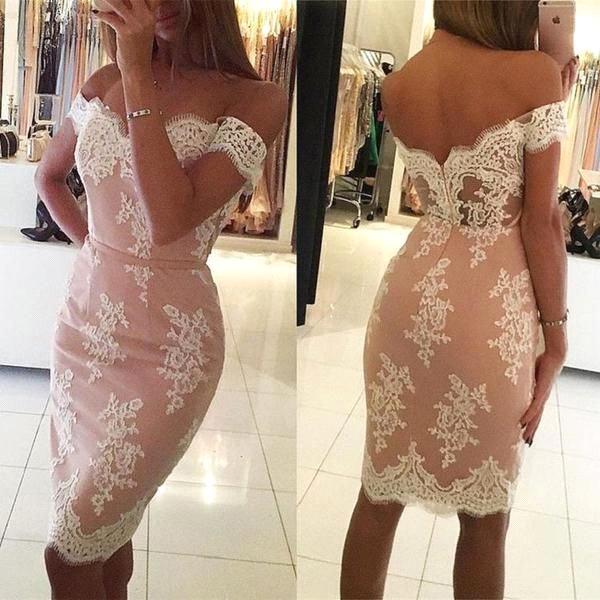 Elegant Pink Sheath Homecoming Dresses | Off-the-Shoulder Short Cocktail Dresses