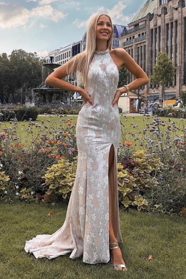 Attractive Halter Floral lace Floor-length Mermaid Evening Dress With Side Slit