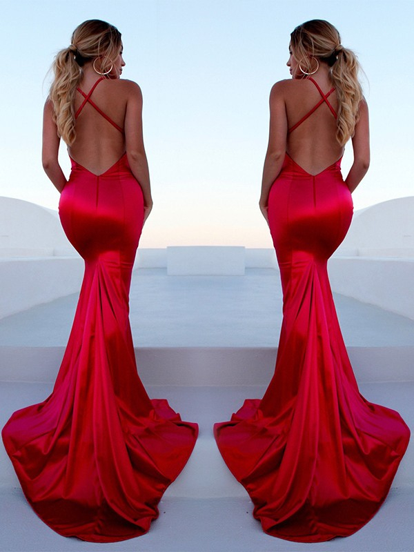 Chic Red Halter Lace Up Prom Dresses Sleeveless Ruffles Mermaid Side Slit Sexy Evening Dresses