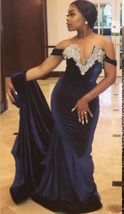 Sexy V Neck Crystal Mermaid Off Shoulder Beaded Velvet Prom Dresses