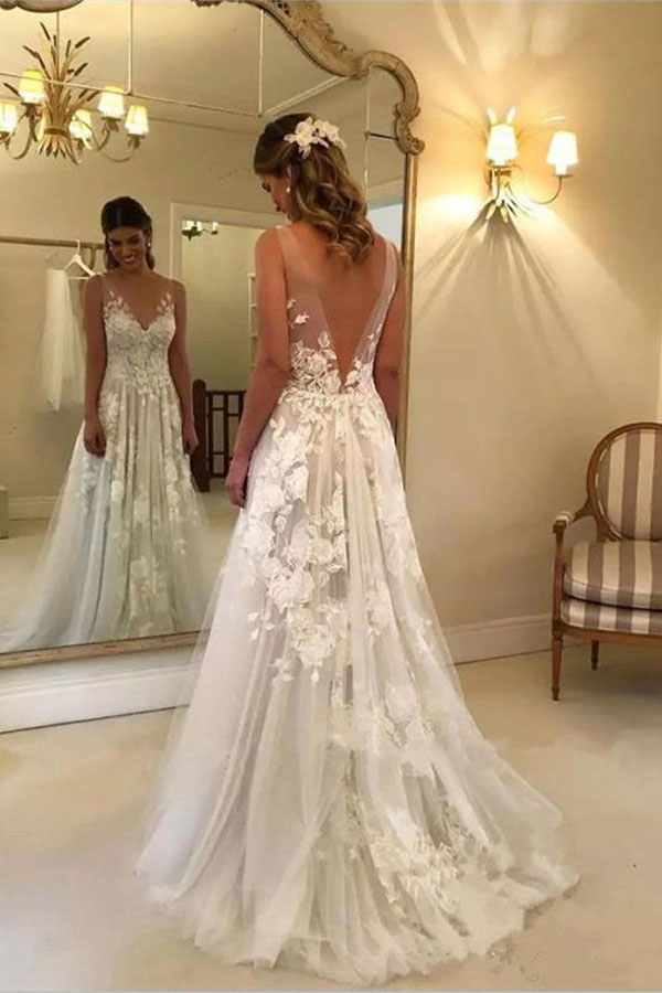 Elegant A-line Wedding Dresses | V-Neck Rose Appliques Backless Bridal Gowns