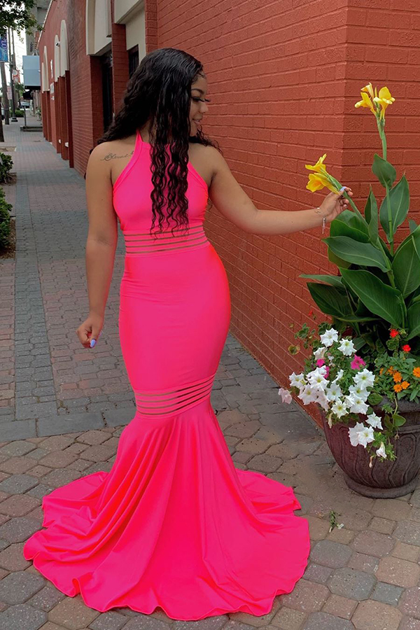 Jewel Sleeveless Unique Fit and Flare Hot Pink Prom Dresses
