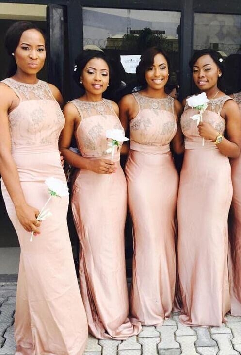 Mermaid Bridesmaid Dresses Pink Lace Top Sleeveless Elegant Wedding Party Dresses