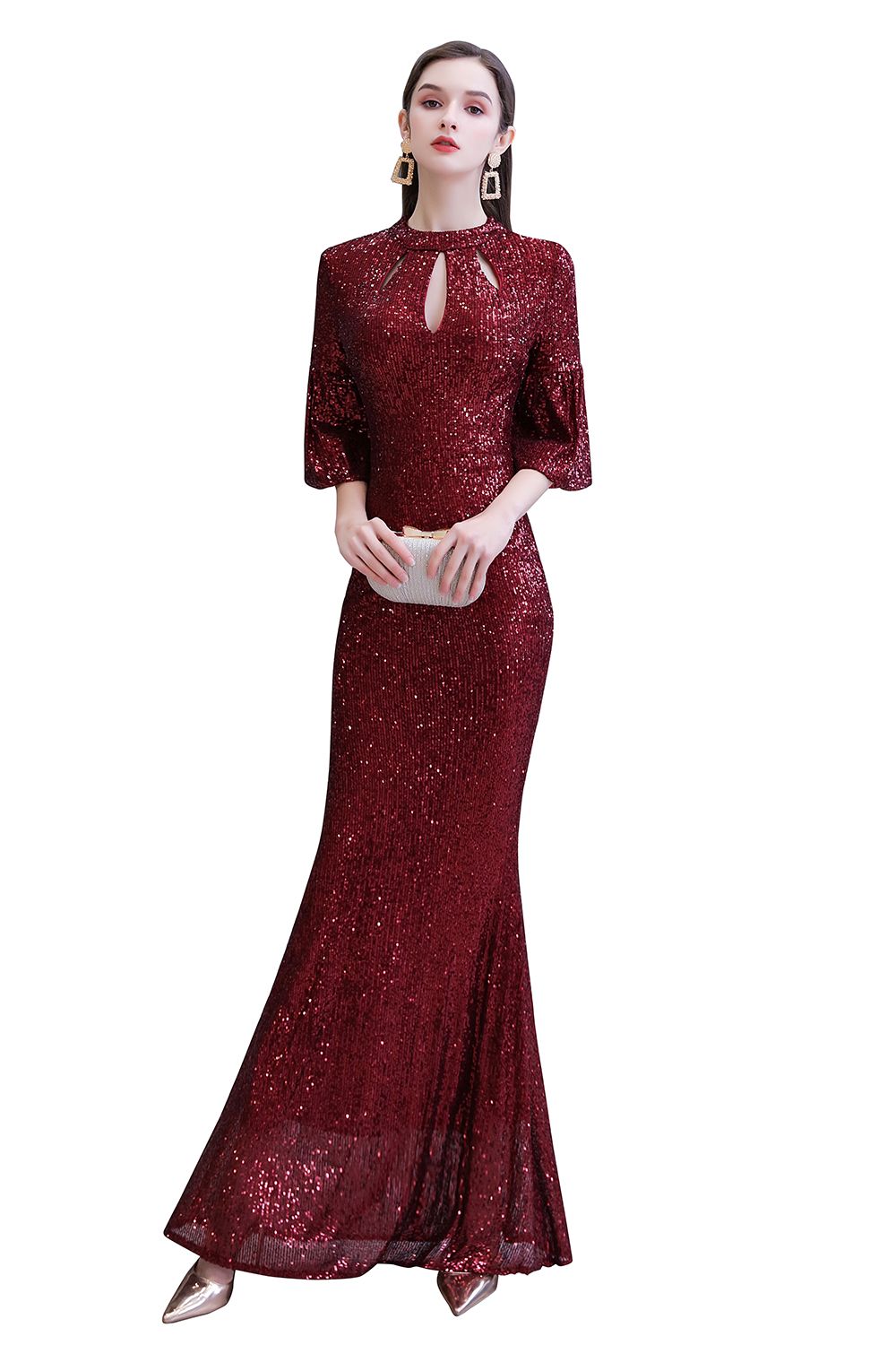 Women's Fashion Jewel Keyhole Half Sleeves Long Sequin Burgundy Prom Dresses