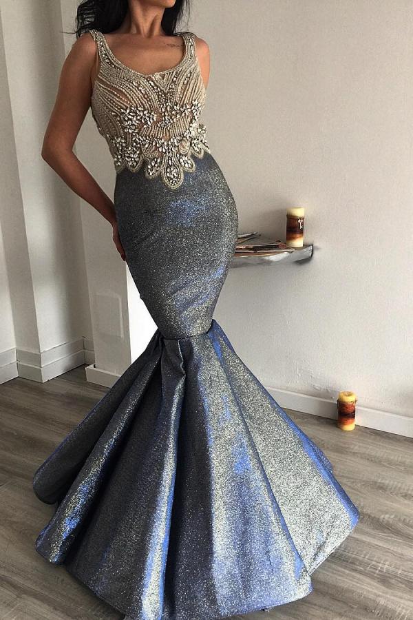 Luxury Scoop Neck Crystals Sequins Open Back Mermaid Evening Prom Dress